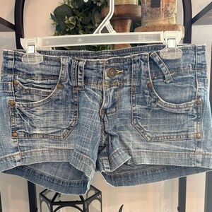 Hydraulic Washed Blue Denim Jean Shorts